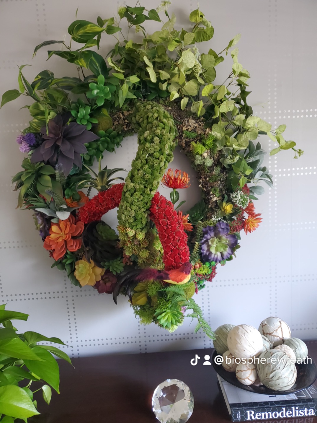 Bird of Paradise — colorful wreath installation with succulents and tropical florals in a styled room.